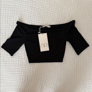 Zara Black Off-Shoulder Mesh Crop Top